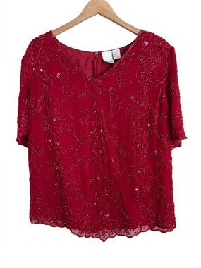Vintage Silk Beaded Sequin Blouse Roaman's 22W Red Plus Size Evening Formal